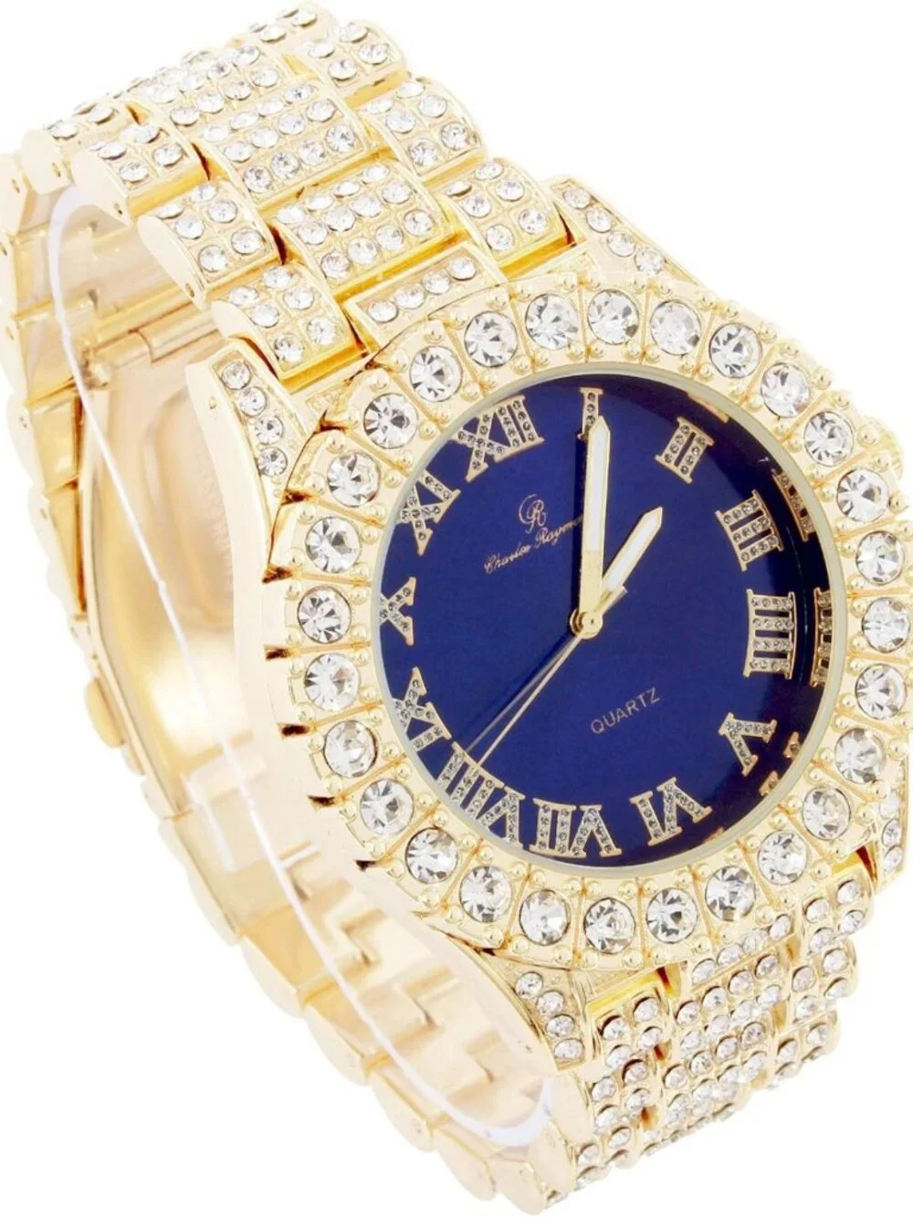 Iced Out Men's Watch Set with Roman Numerals, Cuban Chain Bracelet & Ring - 3pc
